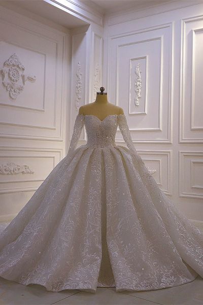 Ball Gown Strapless Long Sleeves Floor-length Tulle Bridal Dress With Lace