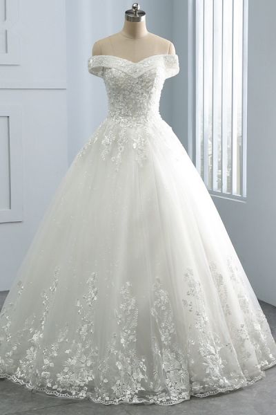 A-line Off-the-shoulder Sweetheart Neck Sleeveless Floor-length Tulle Bridal Dress With Sequins