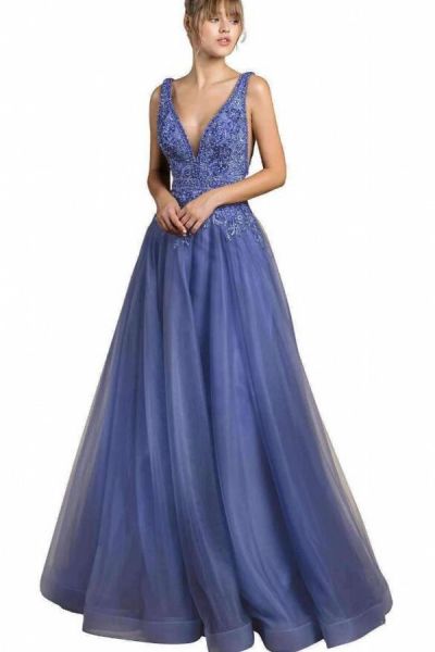 Column V-neck Sleeveless Floor-length Tulle Formal Wear With Pearls