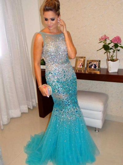 Mermaid Sleeveless Sweep / Brush Train Tulle Evening Dress With Crystal