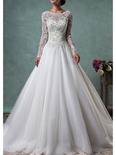 A-line Long Sleeves Sweep / Brush Train Lace Wedding Gown With Buttons