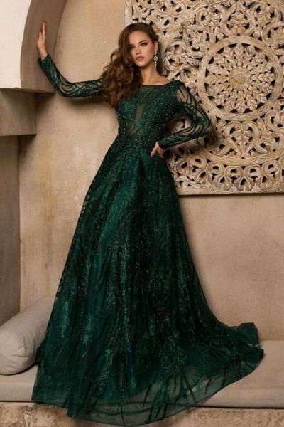 A-line Jewel Neck Long Sleeves Floor-length Lace Evening Dress With Pearls
