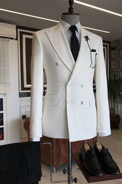 White Double Breasted Slim Fit Men's Suit