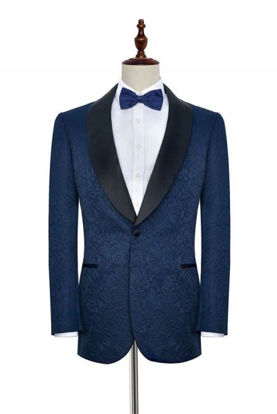 Navy Blue Mens Suits for Weddings with Jacquard Black Silk Shawl Lapel