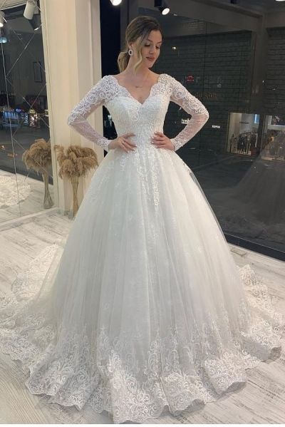 A-line V-neck Long Sleeves Court Train Tulle Wedding Gown With Lace