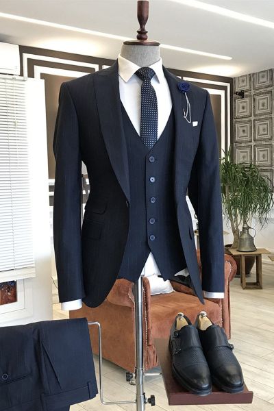 Blue Striped Peaked Lapel Business Suit