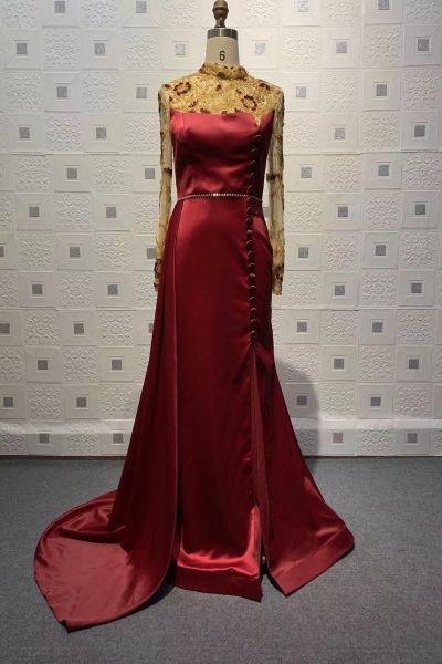 A-line High Neck Long Sleeves Sweep / Brush Train Satin Evening Gown With Crystal
