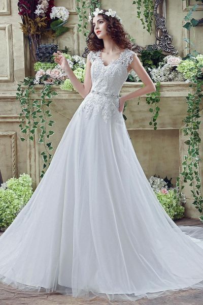 A-line Sleeveless Sweep / Brush Train Bridal Gown With Lace