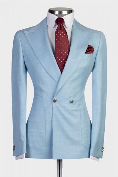 Sky Blue Double Breasted Men Suit with Peaked Lapel