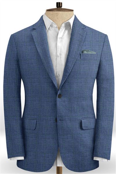 Navy Blue Grid Linen Men Suits