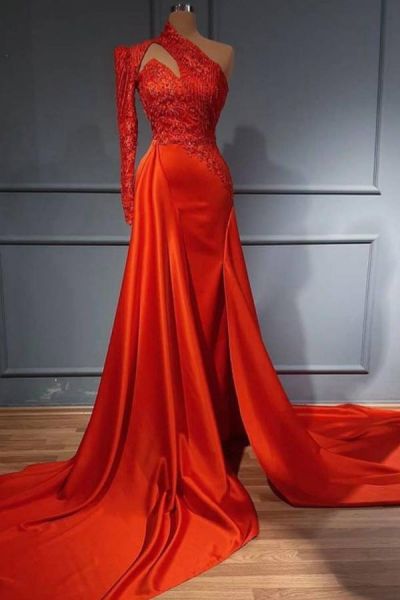 A-line Jewel Neck Long Sleeves Floor-length Stretch Satin Evening Dress With Split Front