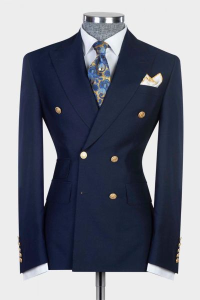 Navy Double Breasted Slim Fit Bespoke Men Suit for Prom