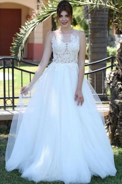 Column Jewel Neck Sleeveless Floor-length Tulle Wedding Dress With Ruffles