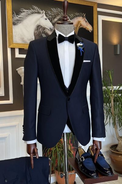 Dark Blue Splicing Shawl Lapel Men Suit