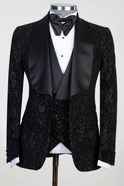 Black Shawl Lapel Jacquard Men Suit
