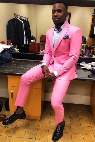 Candy Pink Peaked Lapel Close Fitting Prom Men Suit