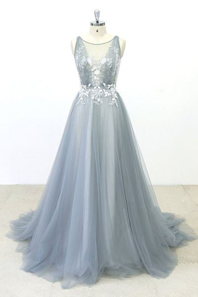 A-line Jewel Neck Sleeveless Floor-length Tulle Bridal Dress With Lace