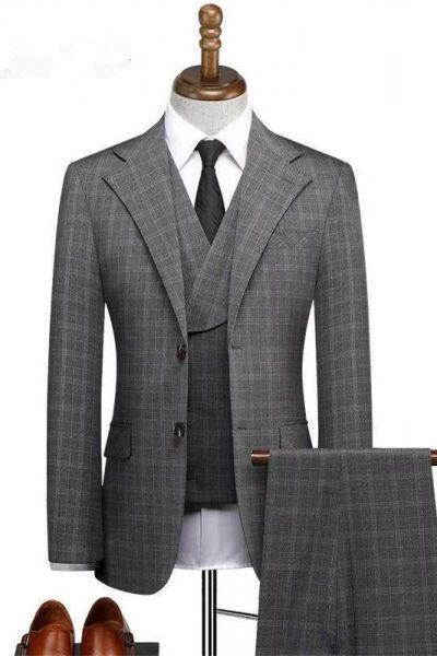 Dark Gray Plaid Three Pieces Men Suit with Notched Lapel for Business