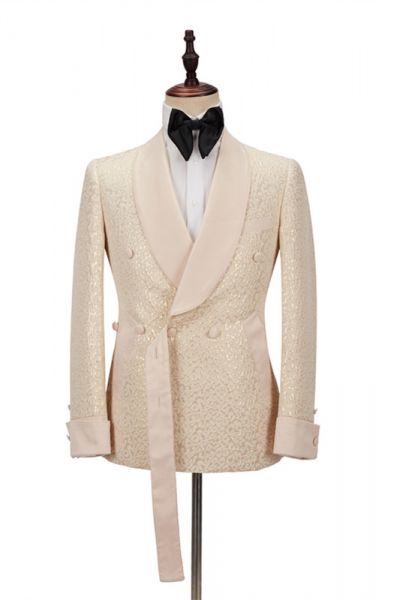 Champagne Shawl Lapel Slim Jacquard Wedding Suit