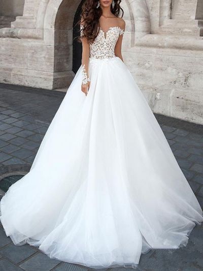 Ball Gown Sweetheart Neck Long Sleeves Court Train Lace Bridal Gown With Lace