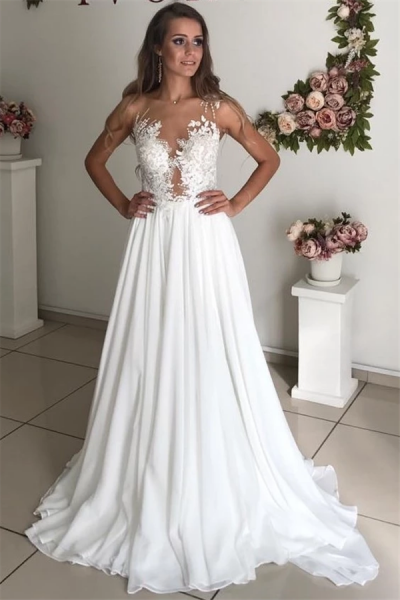 A-line Strapless Sleeveless Floor-length 100D Chiffon Wedding Dress With Appliques