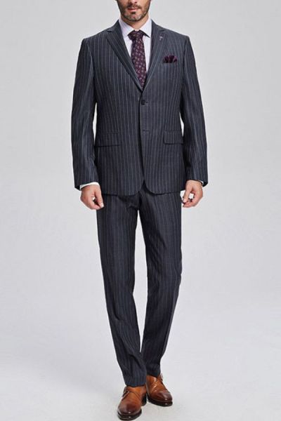 Black Single Breasted Wool Blend Men's Business Suit with Gustavo Grey Stripes