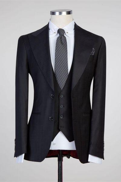 Black Single Breasted Slim Fit Formal Men Suit with Peaked Lapel