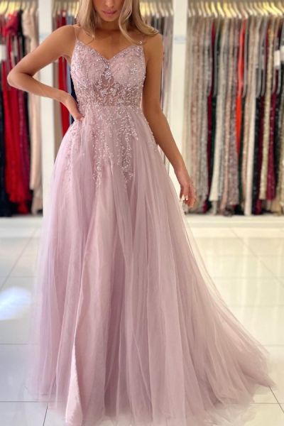 Column Spaghetti Straps Sleeveless Floor-length Tulle Evening Gown With Beading