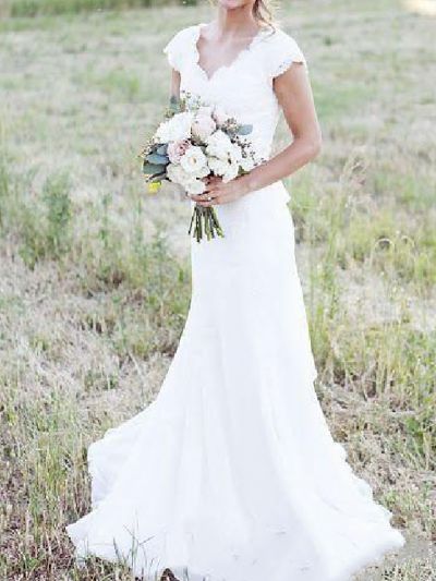 A-line V-neck Cap Sleeves Sweep / Brush Train Tulle Wedding Gown With Lace