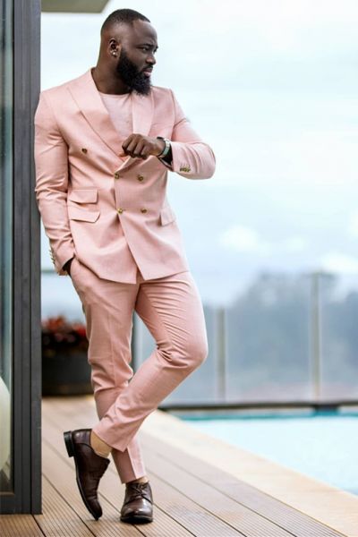 Pink Double Breasted Peaked Lapel Prom Men Suit