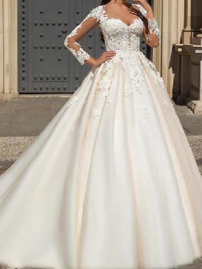 A-line Long Sleeves Court Train Tulle Bridal Gown With Lace