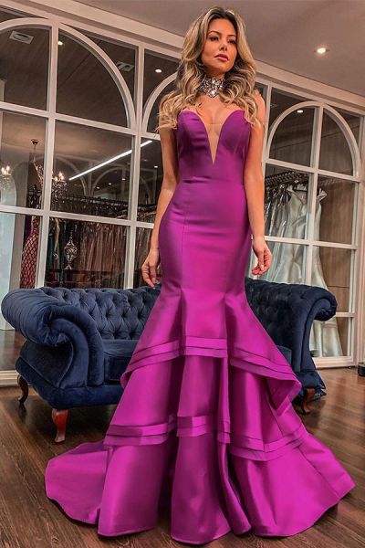 Mermaid Plunging Neckline Sleeveless Court Train Satin Formal Dress With Ruffles