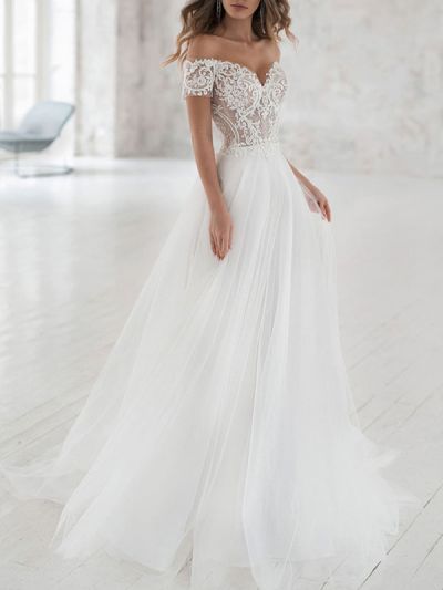 A-line Off-the-shoulder Short Sleeves Court Train Lace Wedding Gown With Lace