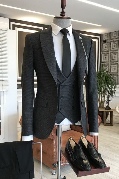 Black Plaid Double Breasted Waistcoat Business Suit