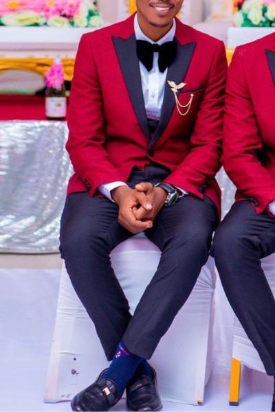 Red Peaked Lapel Groomsmen Suit