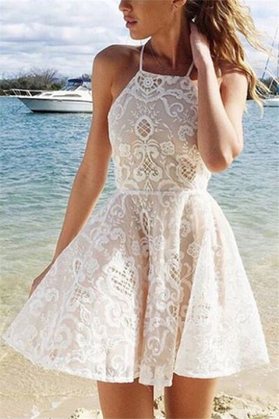 A-line Halter-neck Sleeveless Mini Homecoming Dress With Lace