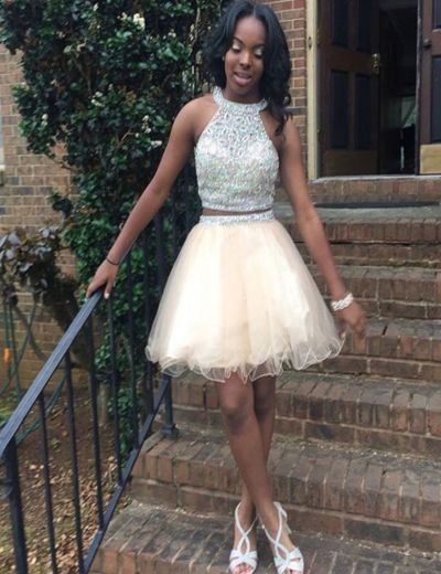 A-line Halter-neck Sleeveless Mini Cocktail Party Gown With Beading