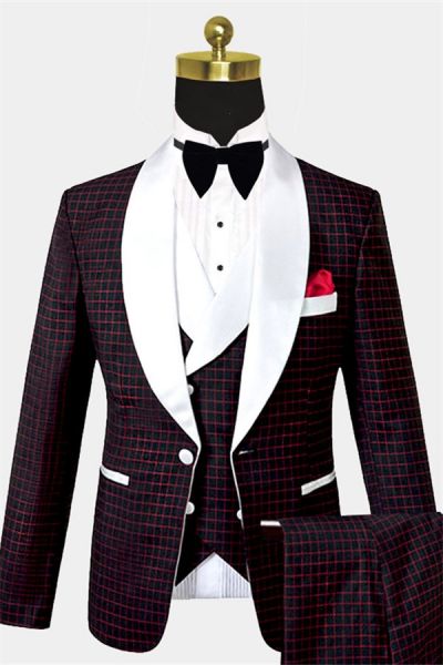 Burgundy Checkered Tuxedo with White Lapel
