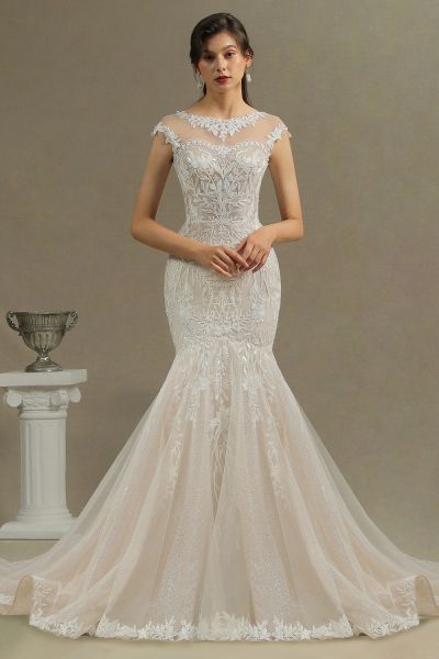 Mermaid Jewel Neck Sleeveless Cathedral Train Tulle Bridal Attire With Lace