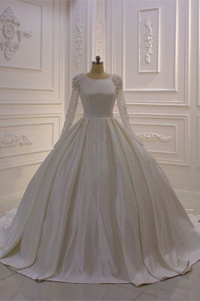 Ball Gown Jewel Neck Long Sleeves Floor-length Satin Wedding Dress With Beading