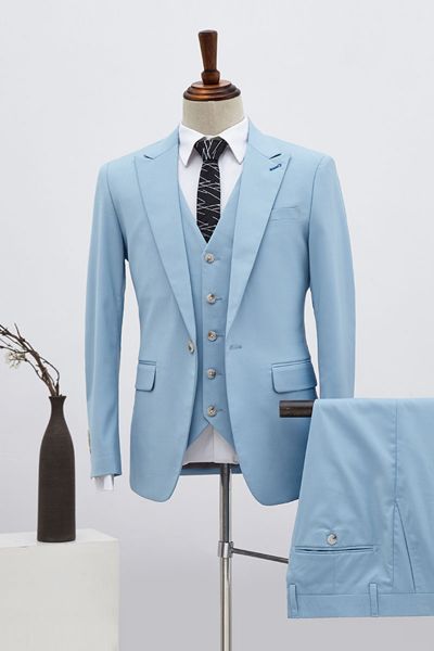 Sky Blue 3 Pieces Single Breasted Slim Fit Business Suit