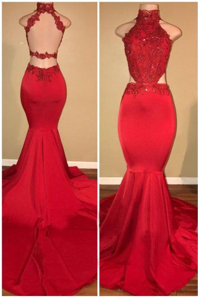 Mermaid High Neck Sleeveless Court Train Stretch Satin Evening Dress With Lace
