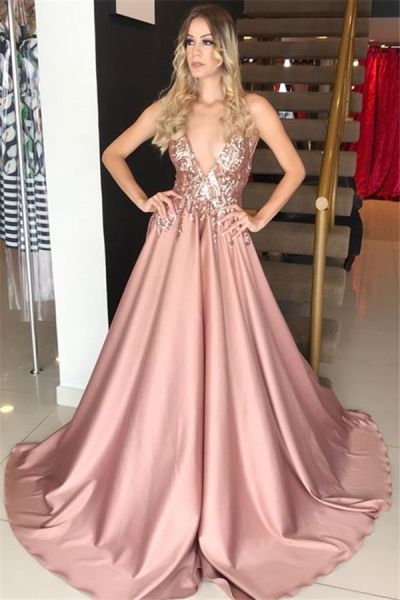 A-line Plunging Neckline Sleeveless Sweep / Brush Train Evening Dress With Sequins