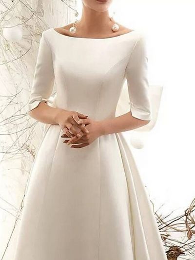 A-line Bateau Neck Half-Sleeves Court Train Lace Wedding Gown With Lace