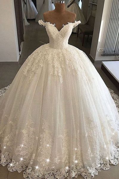 Ball Gown Off-the-shoulder Floor-length Tulle Bridal Attire With Lace