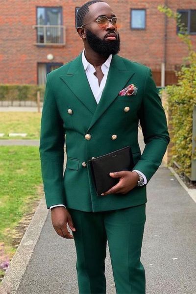 Dark Green Double Breasted Peaked Lapel Prom Suit