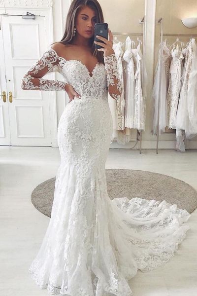 Mermaid Sweetheart Neck Long Sleeves Floor-length Tulle Wedding Gown With Sweep / Brush Train