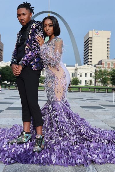 Mermaid V-neck Jewel Neck Long Sleeves Sweep / Brush Train Satin Evening Gown With Feathers