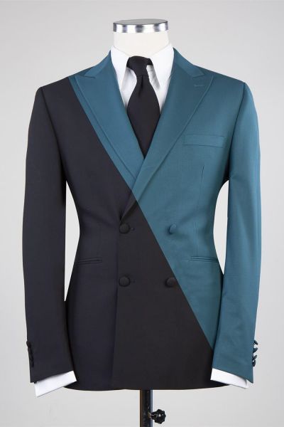 Dusty Blue And Black Double Breasted Peaked Lapel Men Suit for Prom