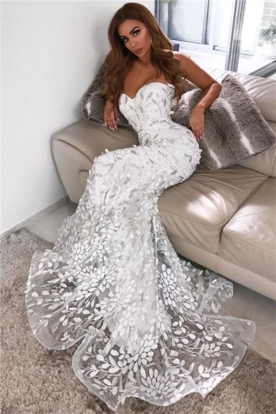 Mermaid Sweetheart Neck Sleeveless Court Train Tulle Evening Dress With Appliques